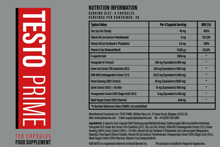 Testoprime ingredients label